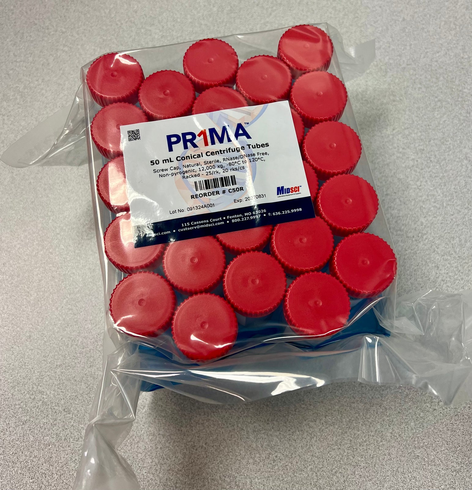 Centrifuge Tubes, Conical w/Cap, Sterile, 50ml, 25/Rack