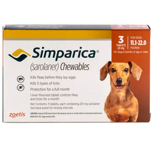 Rx Simparica 20mg for Dogs 11.1-22 lbs, 3 Chewable Tablets